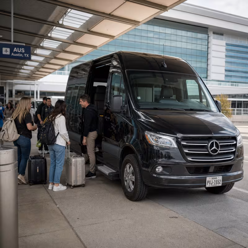 Group boarding a white charter bus for Airport Transportation transportation in Austin