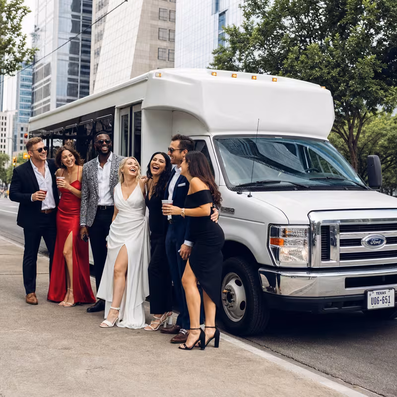 Black Mercedes Sprinter van staged for an Austin Bachelor & Bachelorette Transportation group