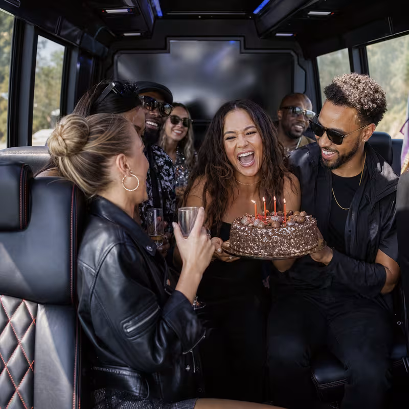 Black Mercedes Sprinter van staged for an Austin Birthday Transportation group