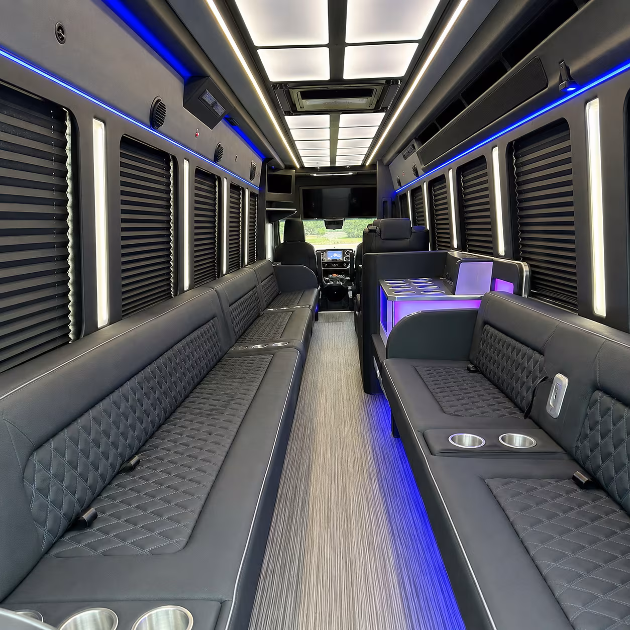 Passenger seating aboard a party bus rental serving Austin