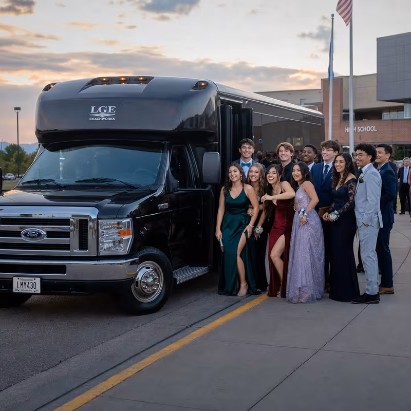 Group boarding a white charter bus for Prom & Homecoming Transportation transportation in Austin