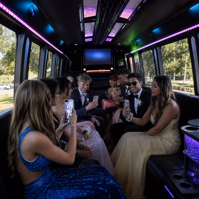 Black Mercedes Sprinter van staged for an Austin Prom & Homecoming Transportation group