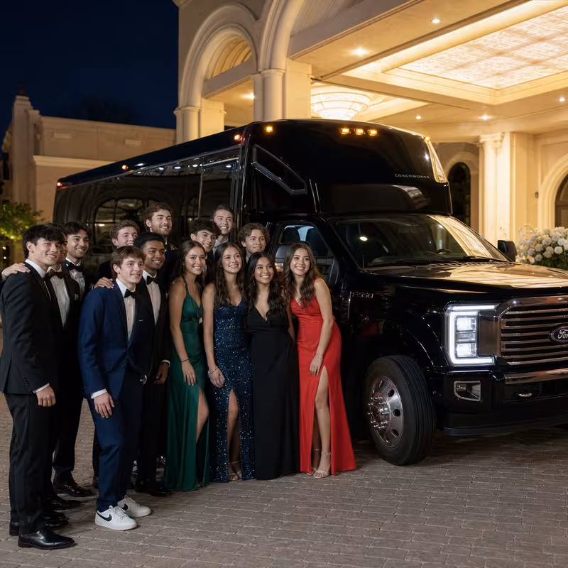 Party bus interior with wraparound leather seating and LED lighting in Austin