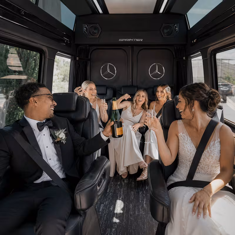 Black Mercedes Sprinter van staged for an Austin Wedding Transportation group